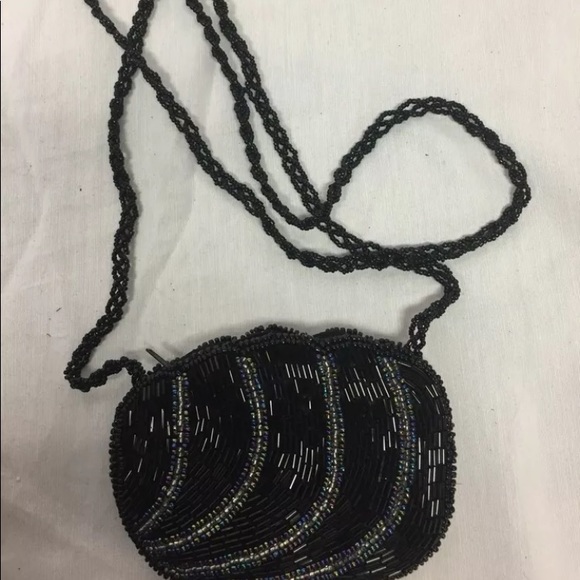 Beaded Change Purse Black W/ Beaded Shoulder Strap - Picture 1 of 3